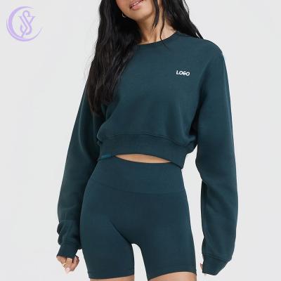 Sports Leisure Relax Apparel Solid Color Plus Size Ladies Cropped Warm Soft Cotton Cropped Sweatshirt Women′s Crew Neck Hoodies
