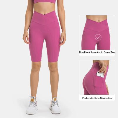 Cross Waist Side Pockets Hip-lifting Yoga Pants Biker Shorts