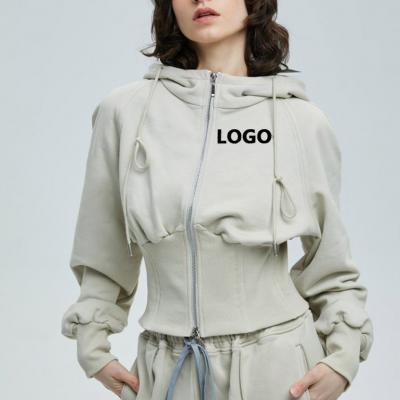 Customized LOGO Pure Khaki Crop Drawstring Hoodie For Women