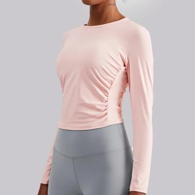 Customized Pink Color Ruched Long-Sleeve Running Crew Tops