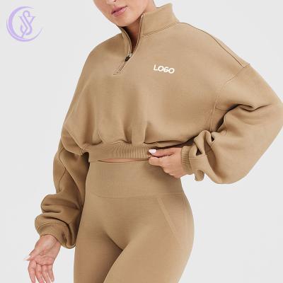 OEM ODM Factory Apparel Customized All Day Cosy Crop 1/4 Zip Women′s Sweatshirt Front Zipper Cropped Running Sweatshirt