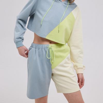 New Design Women's Color blocking Cropped Hoodie Set