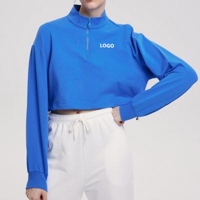 Wholesale 1/4 Zip Up Show Collar Hoodie Blue Cropped Casual Sweatshirt